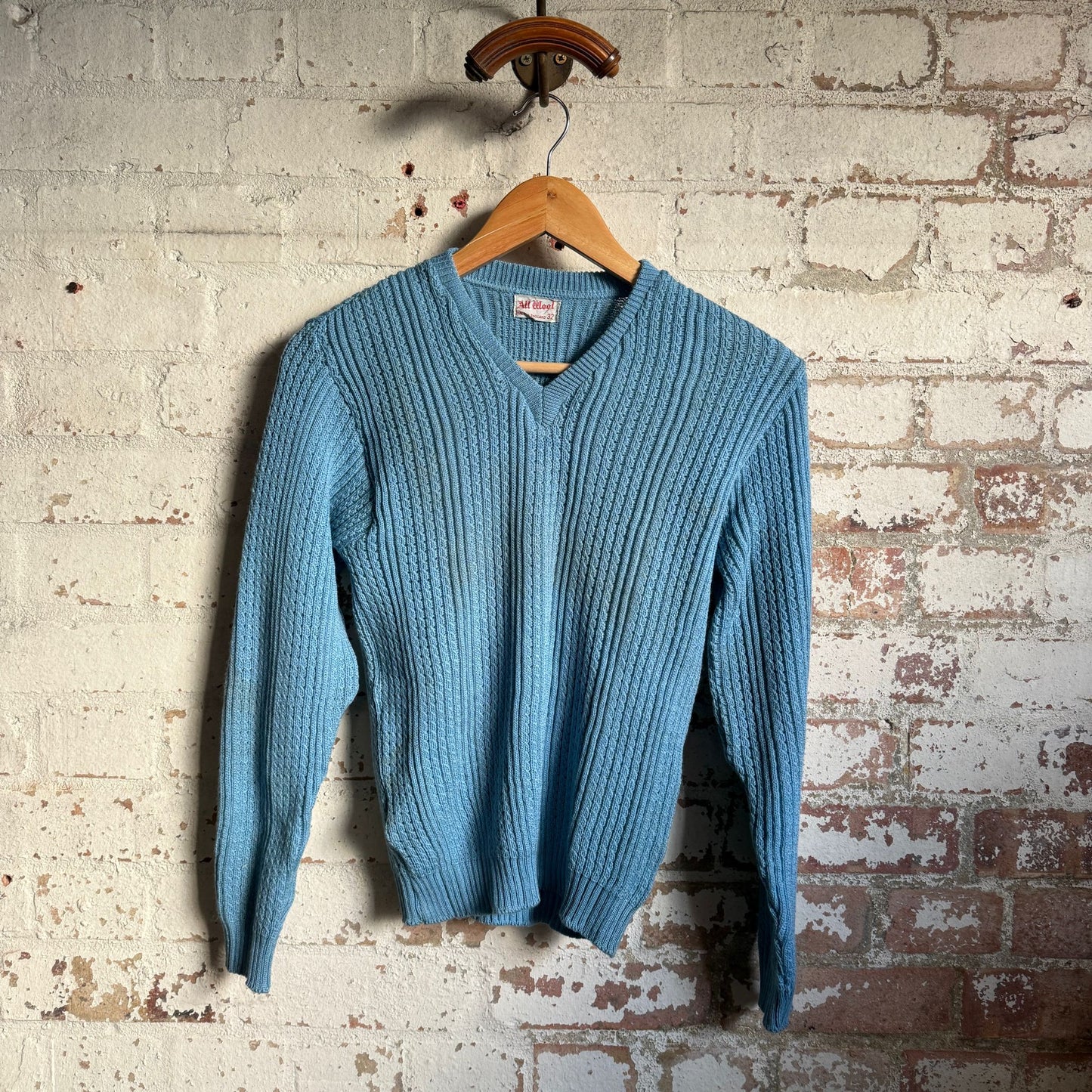 1940s Blue Knitted Wool V-Neck Jumper