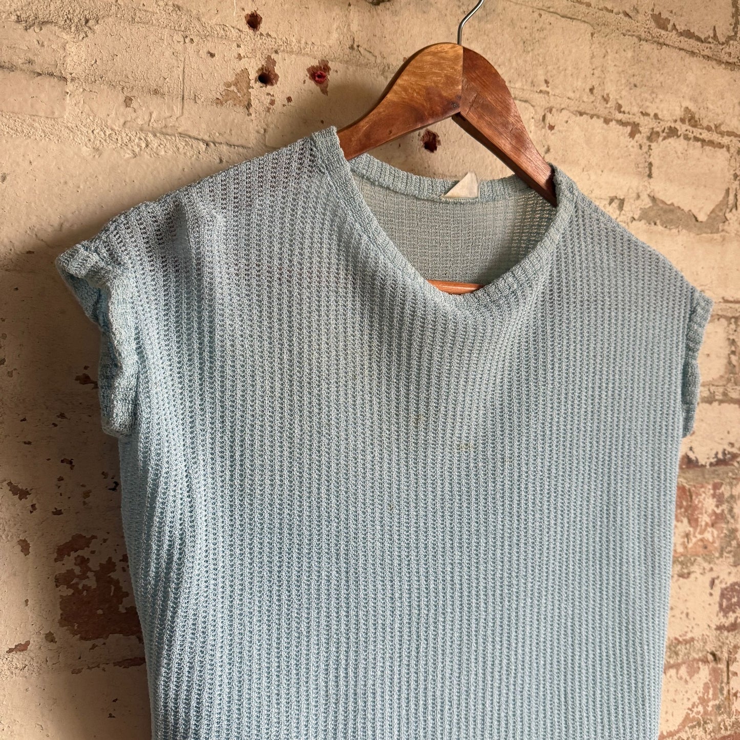 1970s Blue Knitted Cotton Sleeveless Vest Top