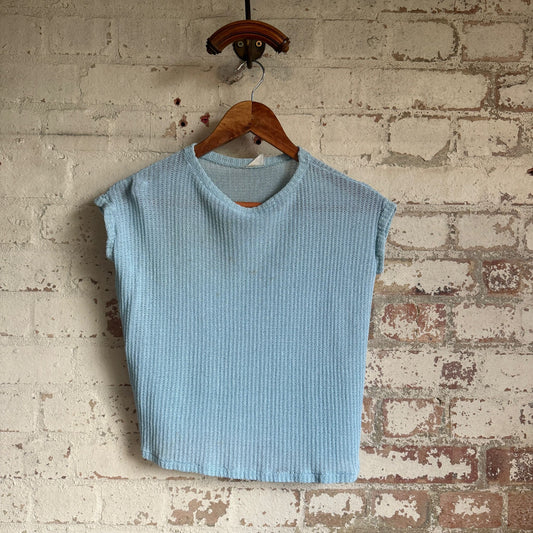 1970s Blue Knitted Cotton Sleeveless Vest Top