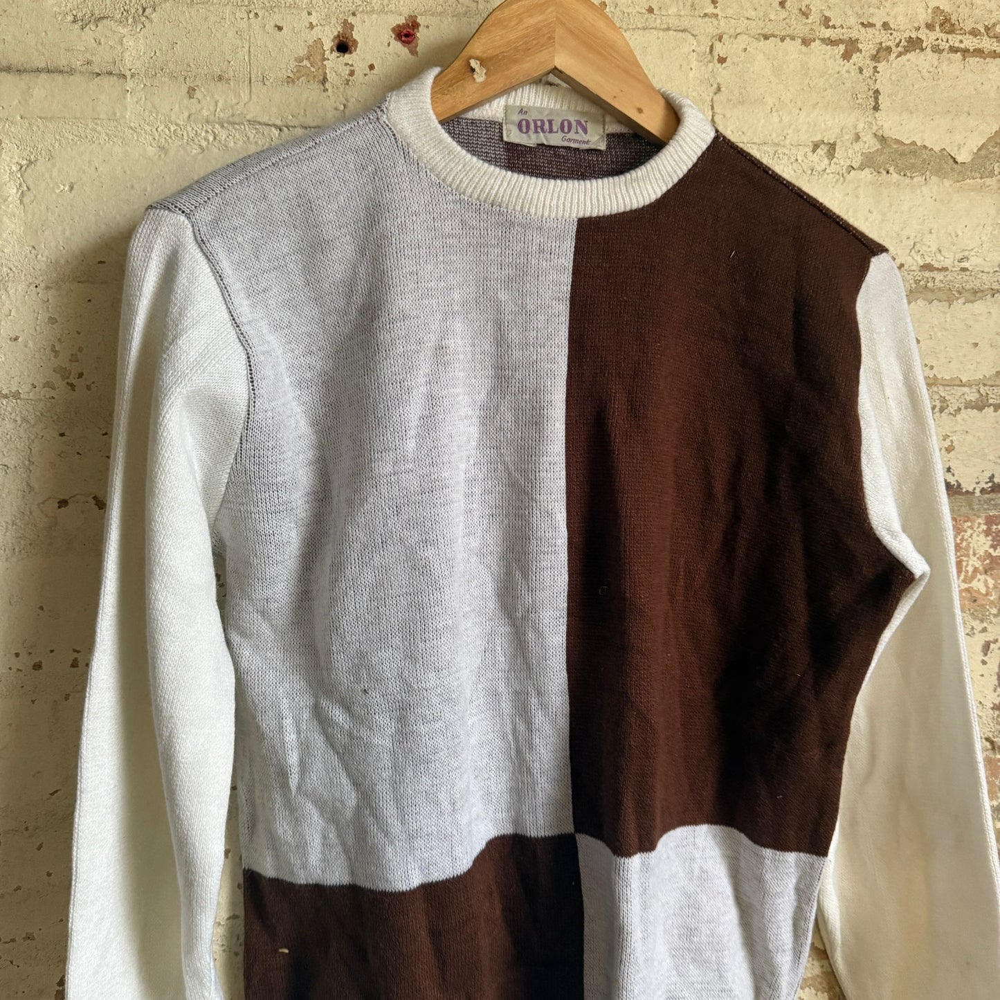 1960s White and Brown Knitted Jumper