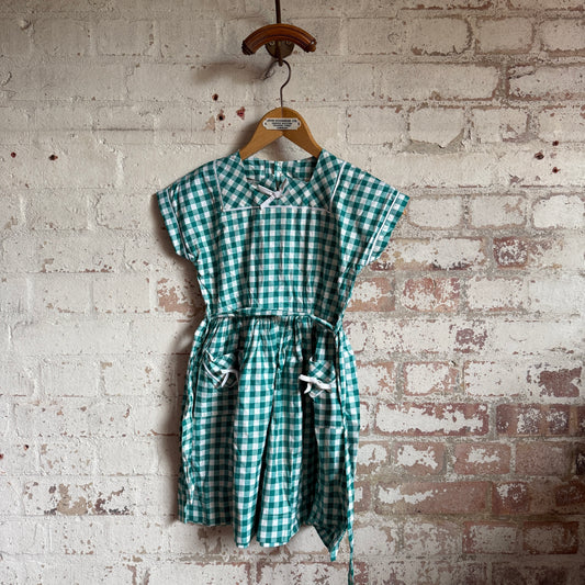 1950s Green Gingham Cotton Belted Dress