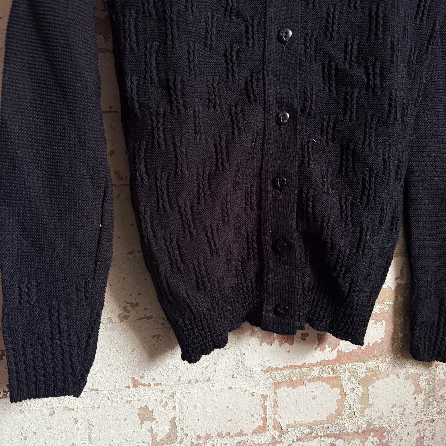 1970s Black Knitted Patterned Button Jumper