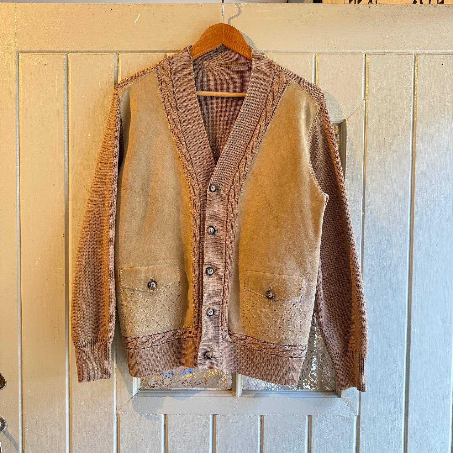 1970s Beige Suede Knitted Cardigan Jumper