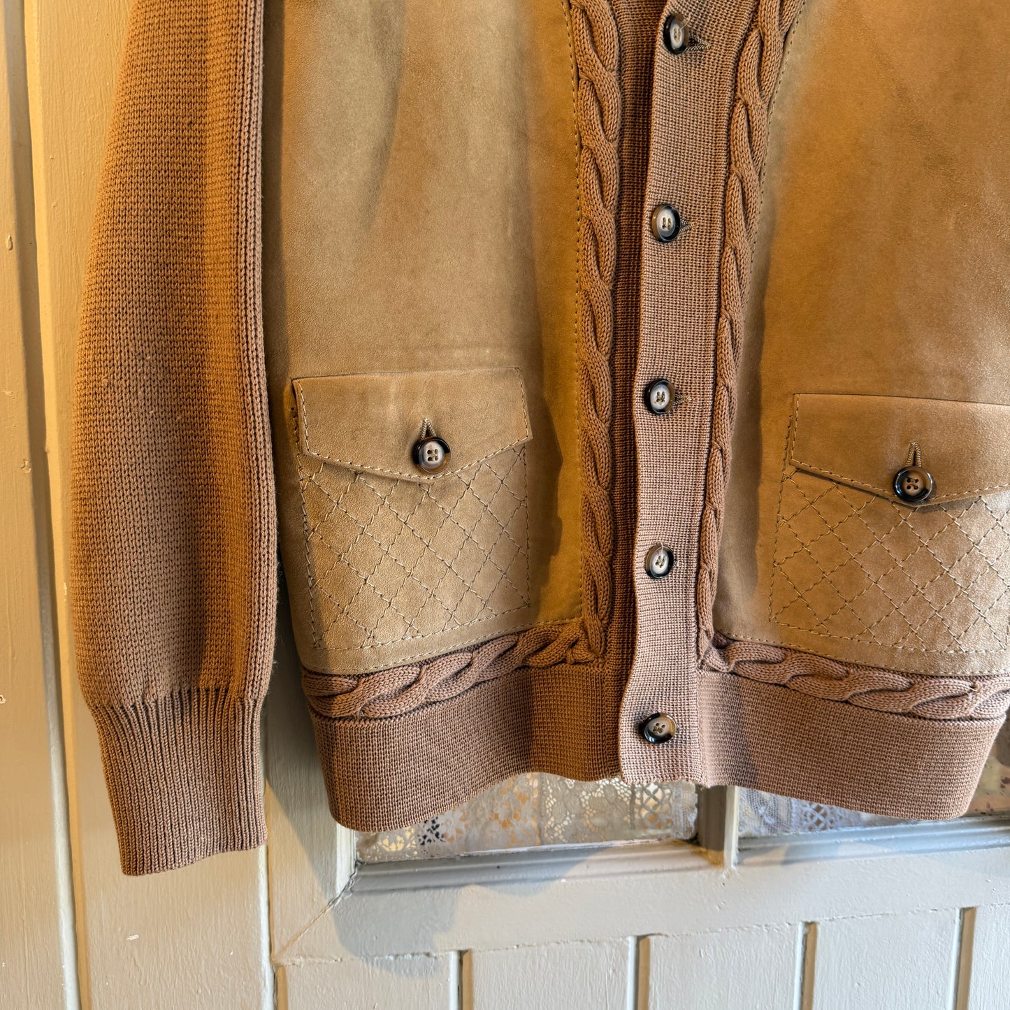 1970s Beige Suede Knitted Cardigan Jumper