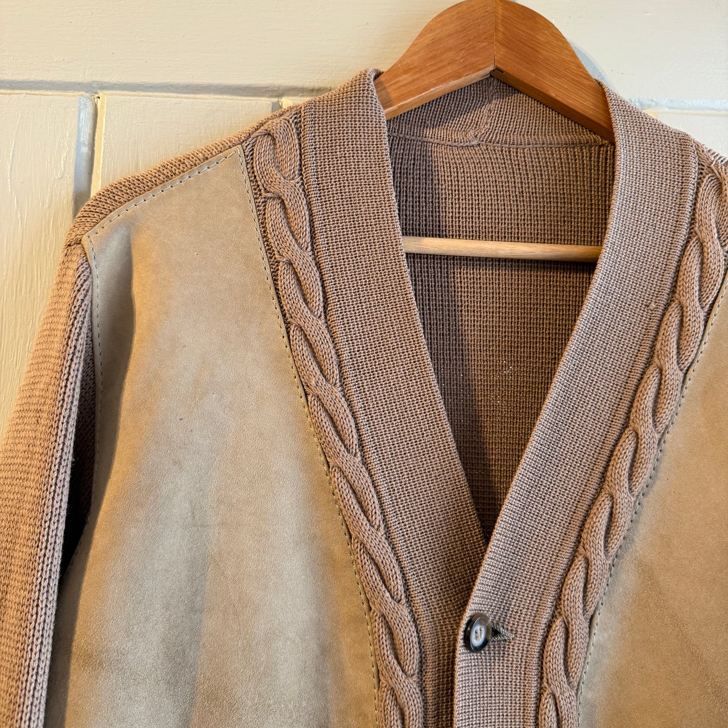 1970s Beige Suede Knitted Cardigan Jumper