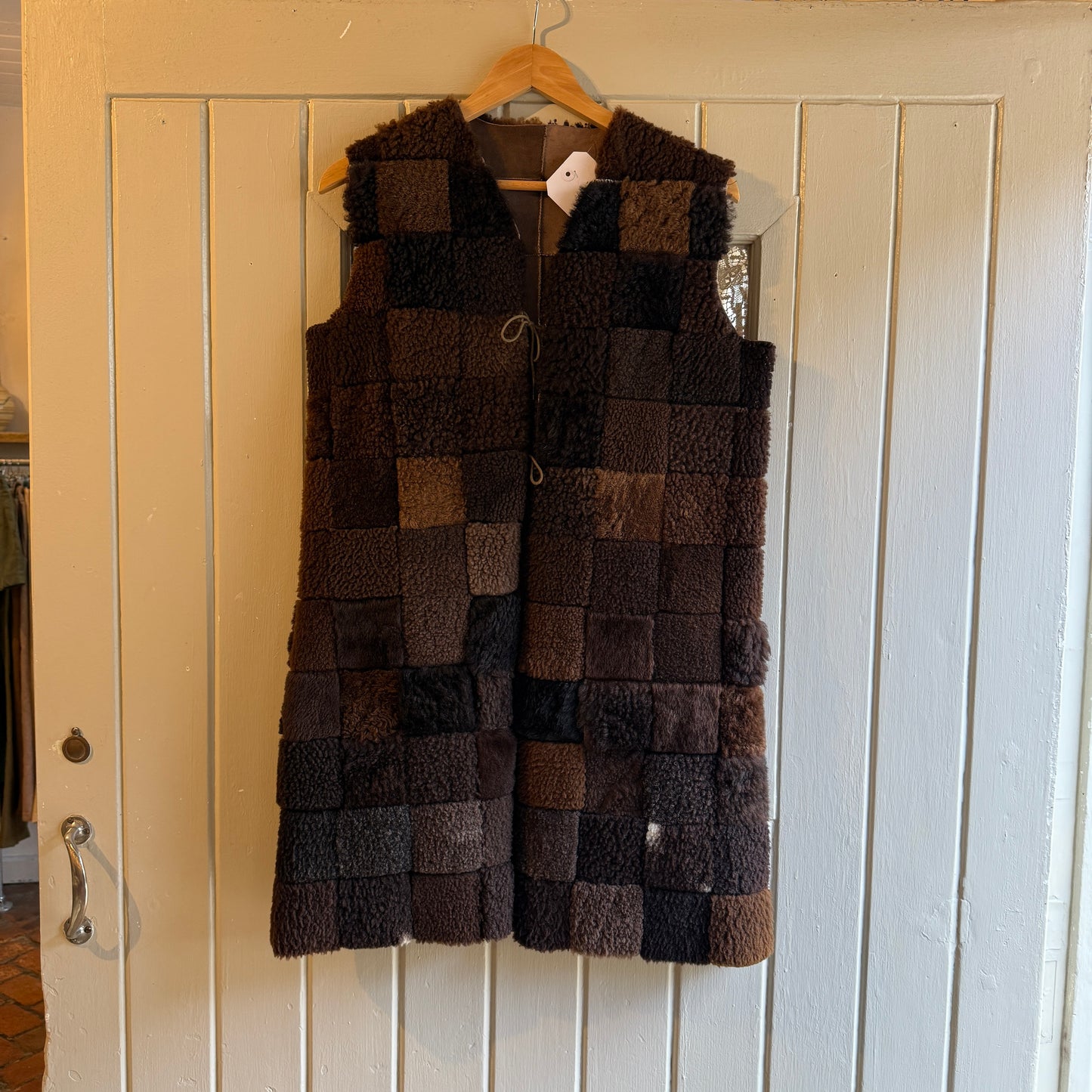 1970s Patchwork Suede Sheepskin Long Gilet Coat