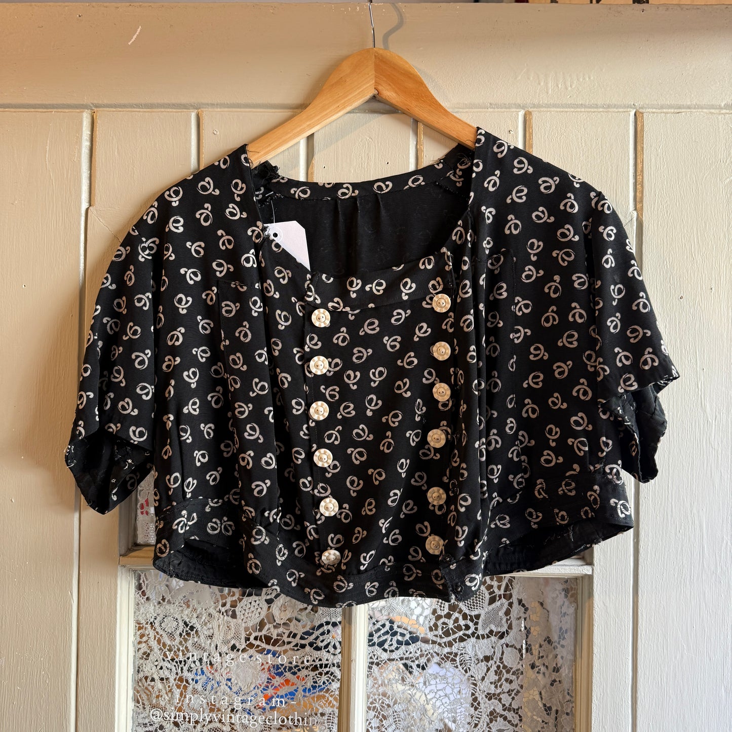 1930s 1940s Black Patterned rayon Silk Button Blouse