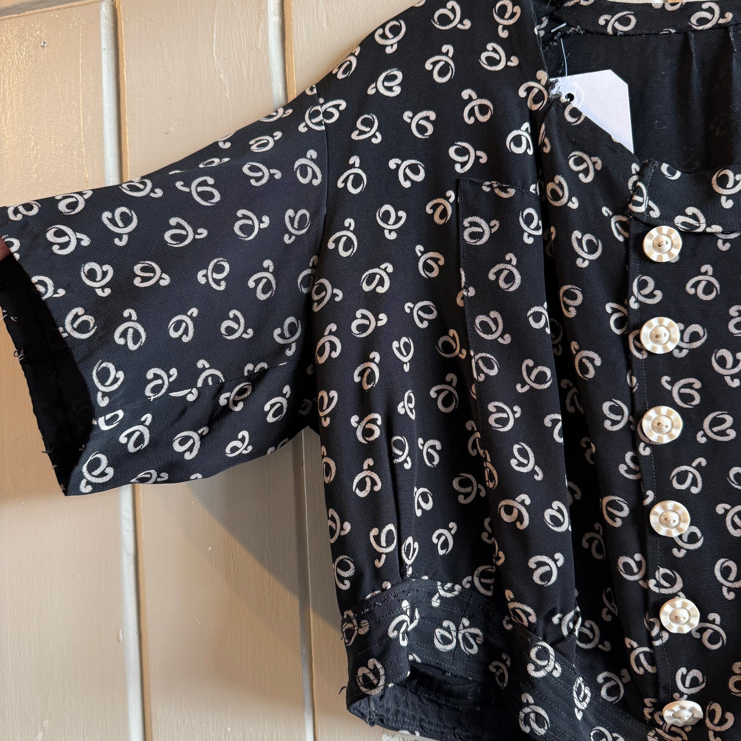 1930s 1940s Black Patterned rayon Silk Button Blouse