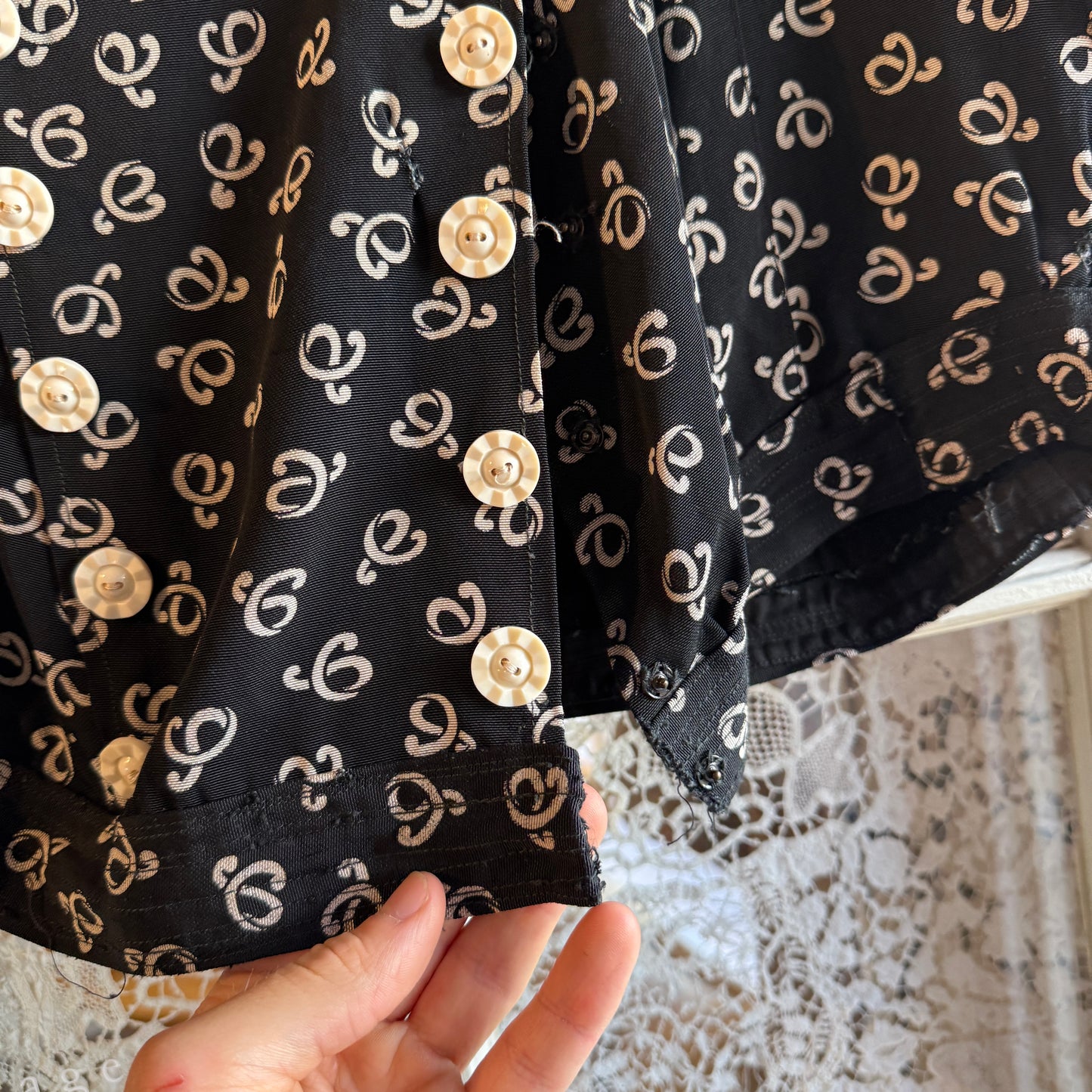1930s 1940s Black Patterned rayon Silk Button Blouse