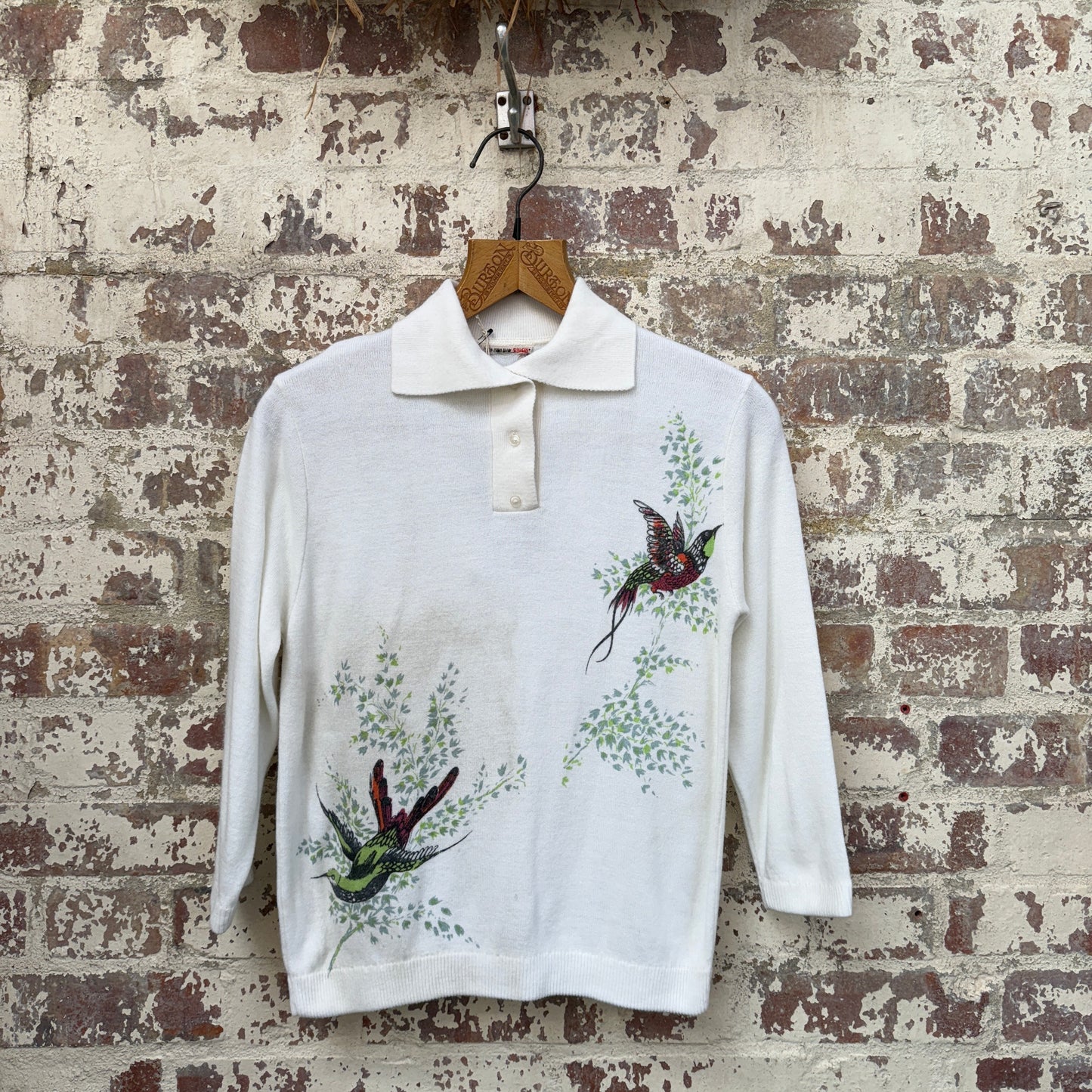 1970s White Graphic Knitted Button Shirt