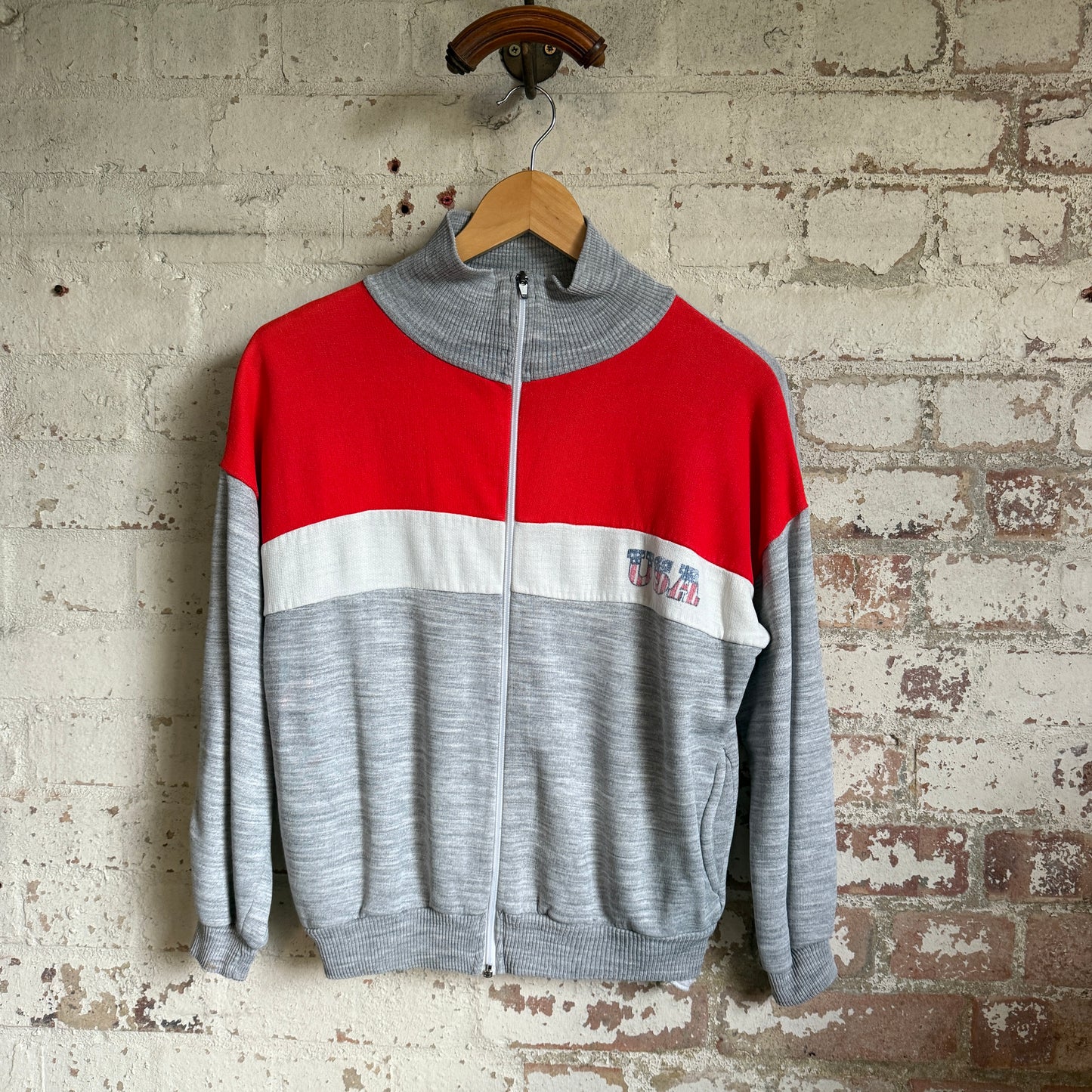 1980s Grey and Red Zip Track Top Jumper