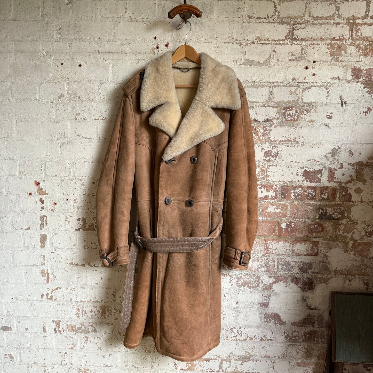1970s Long Sheep Skin Belted Suede Coat Jacket