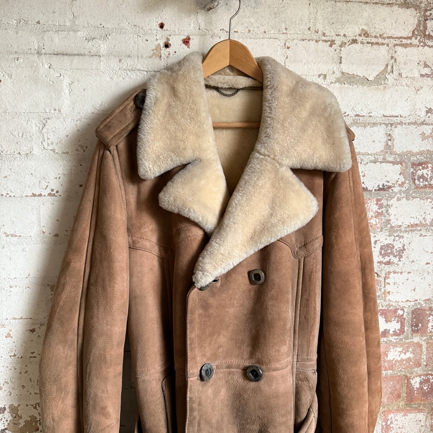 1970s Long Sheep Skin Belted Suede Coat Jacket