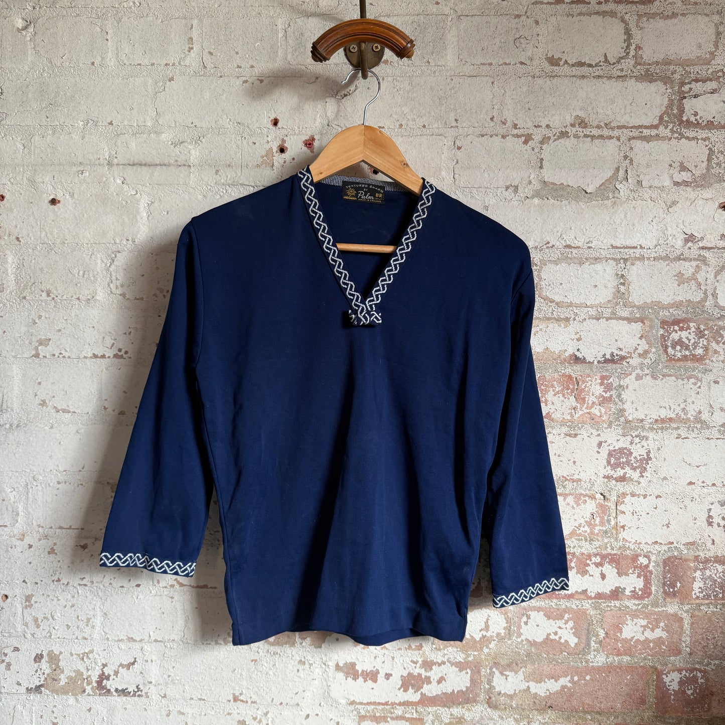 1970s Navy Blue Embroidered Long Sleeve Top