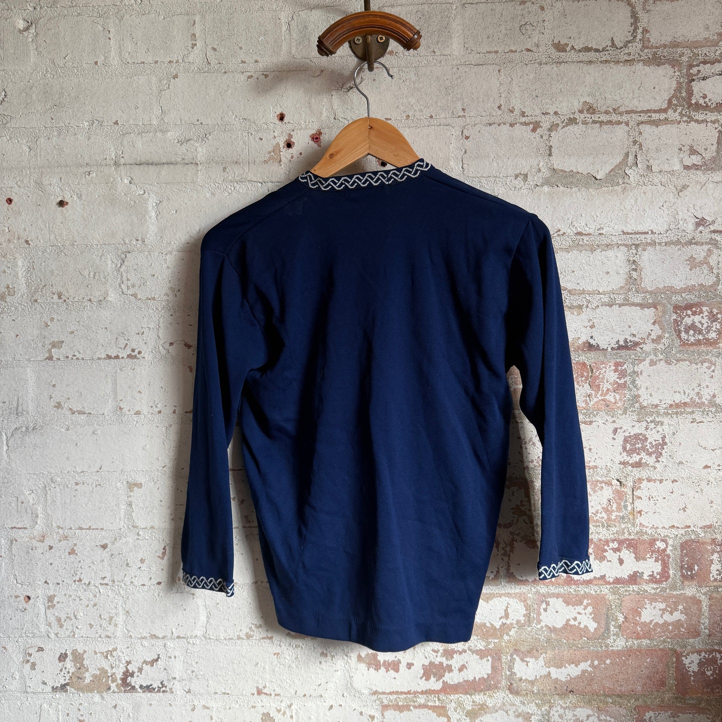 1970s Navy Blue Embroidered Long Sleeve Top