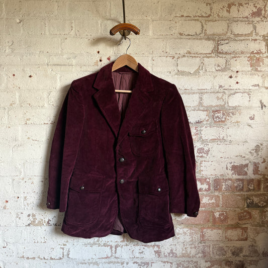 1960s Burgundy Corduroy Belt Back Suit Blazer Jacket