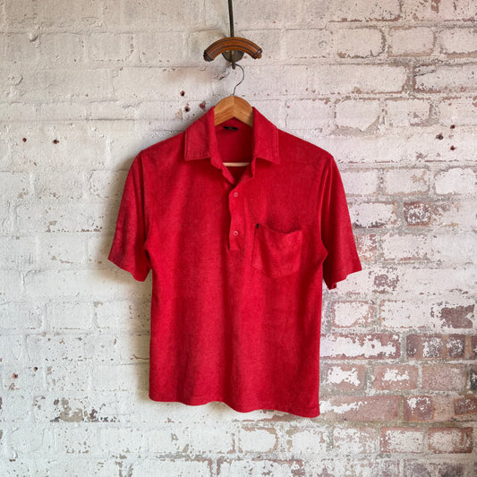 1970s Red Towelling Polo Shirt Top