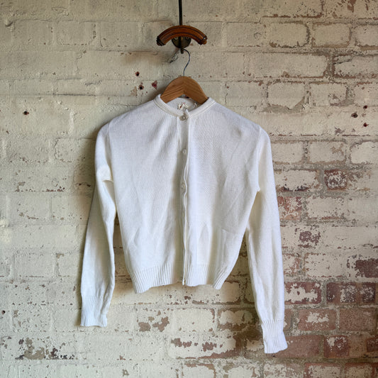 1970s White Knitted Button Up Cardigan Jumper