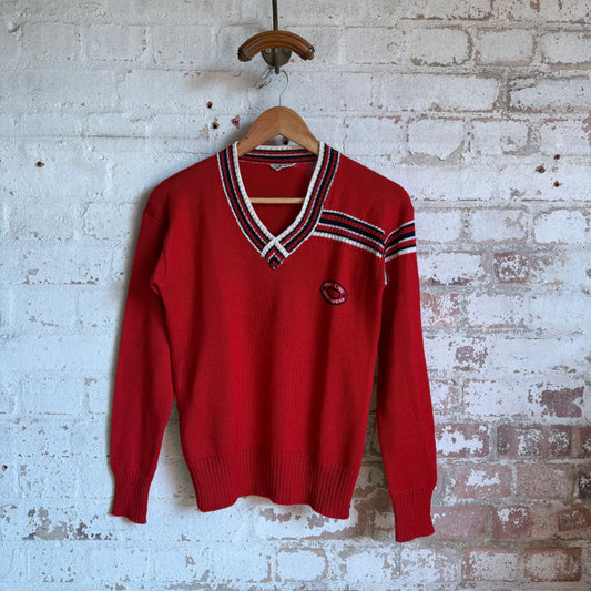 1970s Red Knitted Embroidered V Neck Jumper