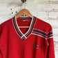 1970s Red Knitted Embroidered V Neck Jumper