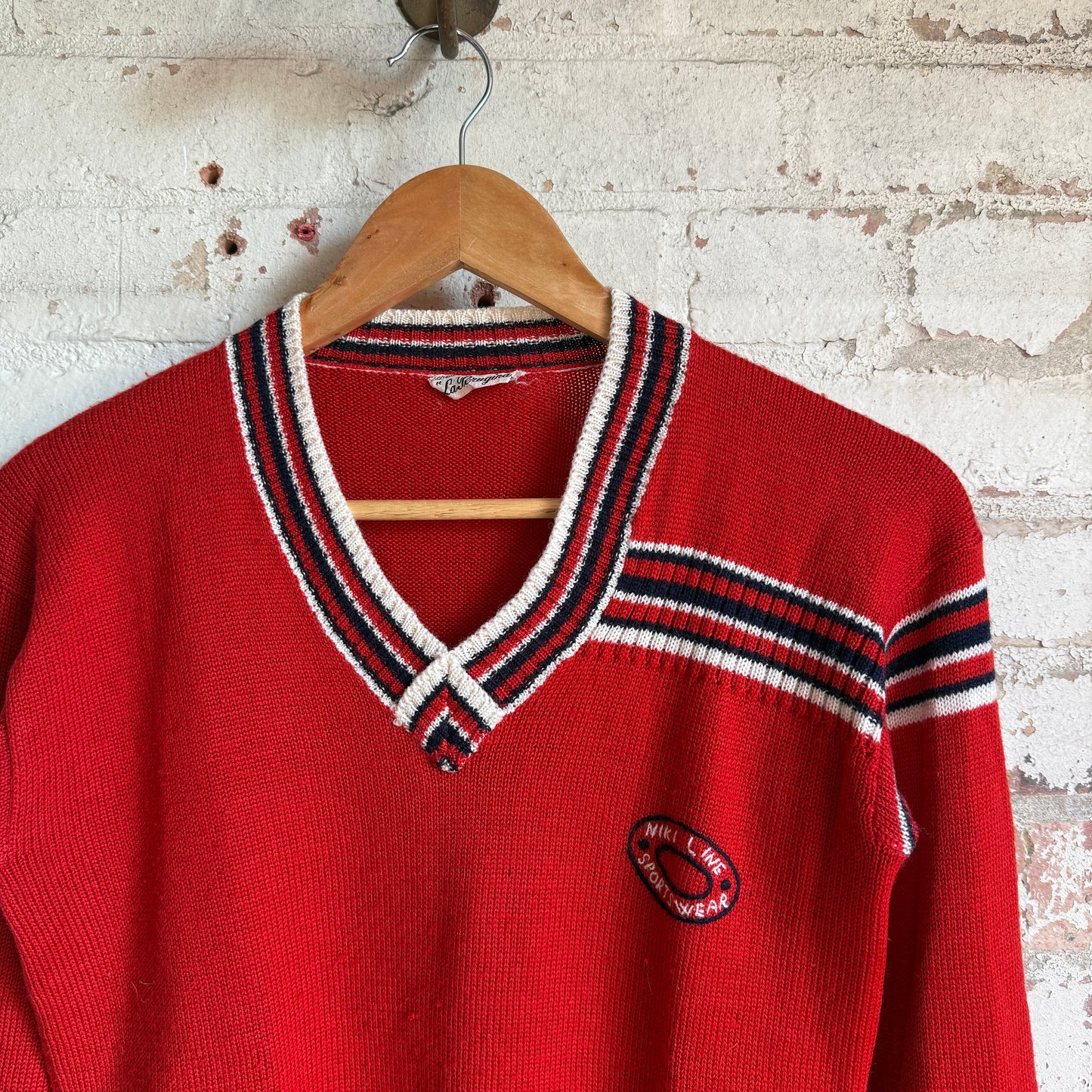 1970s Red Knitted Embroidered V Neck Jumper