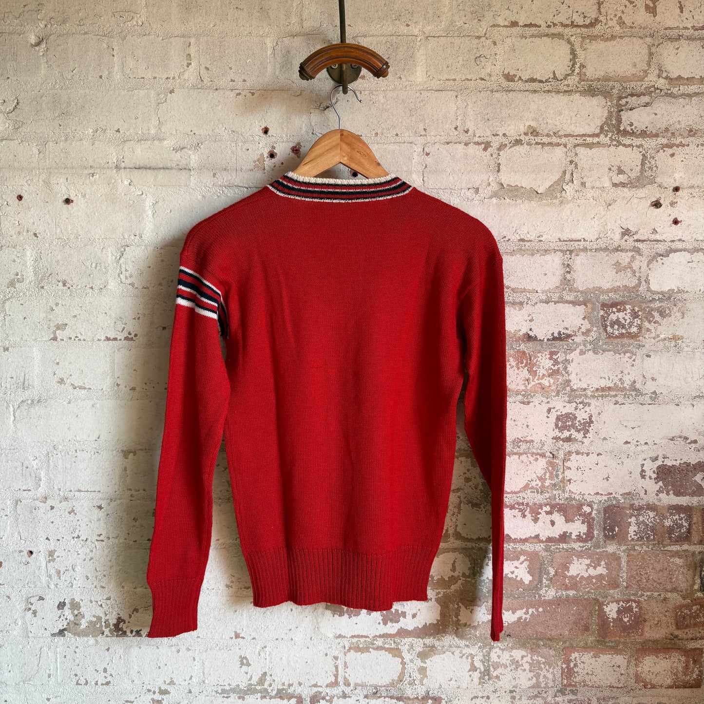 1970s Red Knitted Embroidered V Neck Jumper