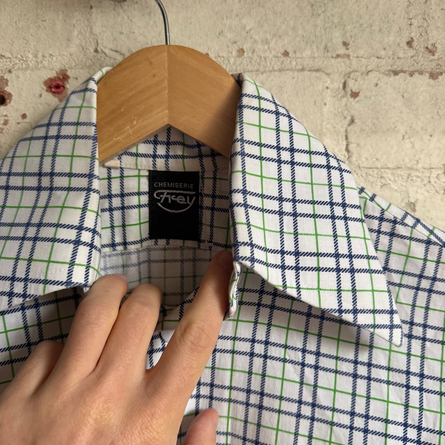 1970s White Checkered Dagger Collar Shirt