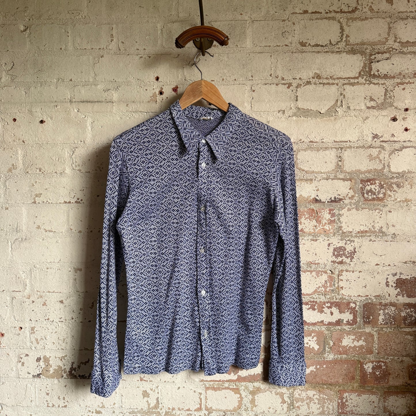 1970s Navy Patterned Knitted Button Shirt