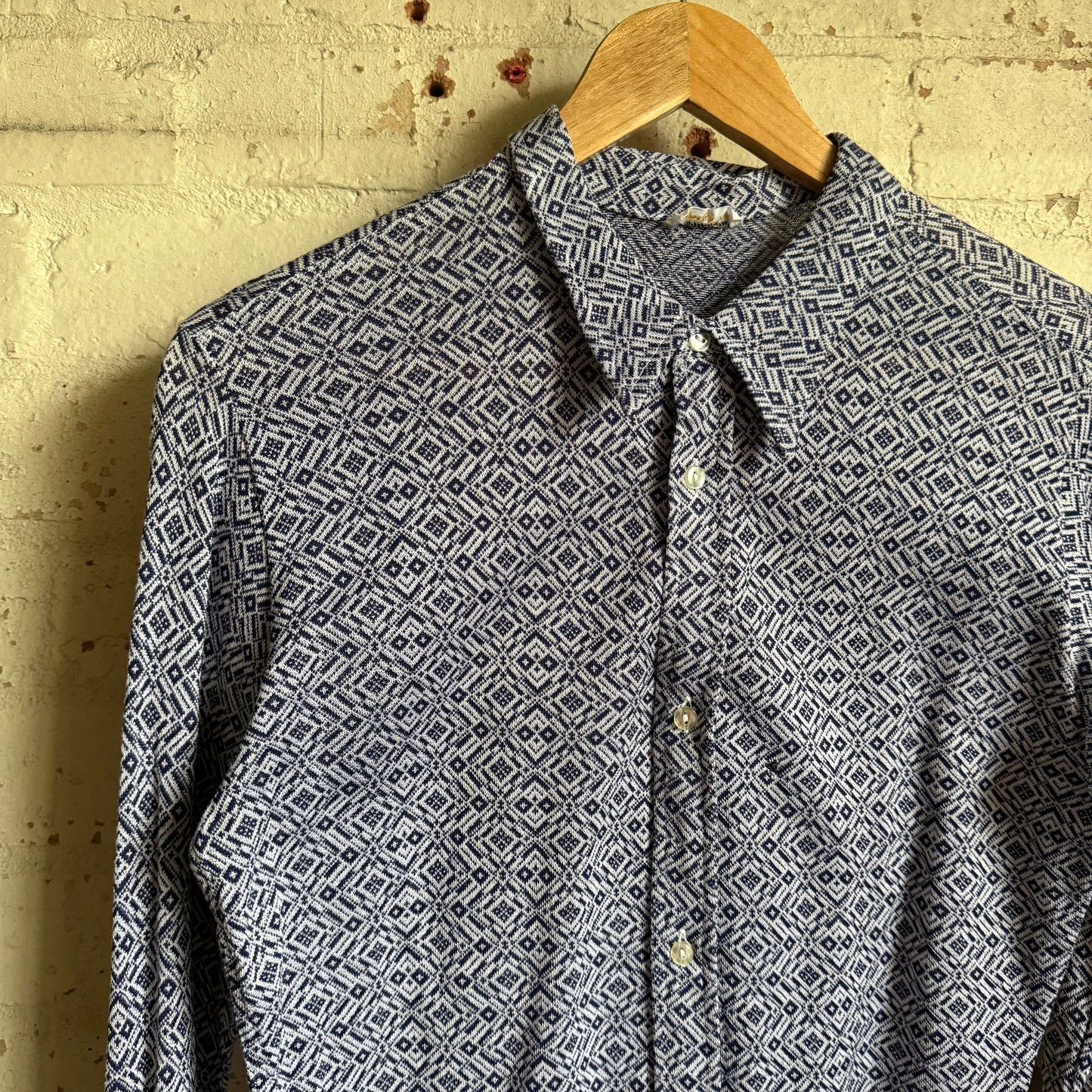 1970s Navy Patterned Knitted Button Shirt
