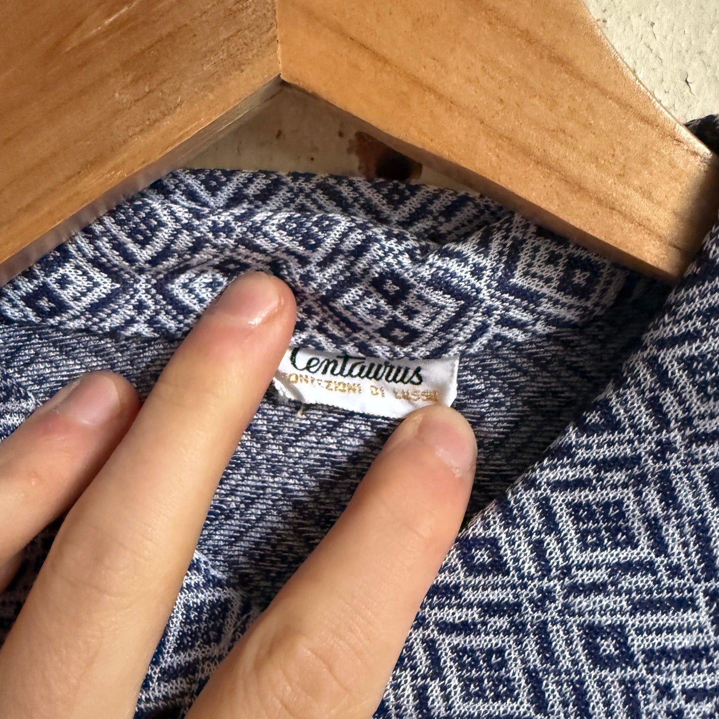 1970s Navy Patterned Knitted Button Shirt