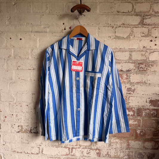 1940s 1950s Blue Striped Dead Stock Pyjama Leisure Shirt