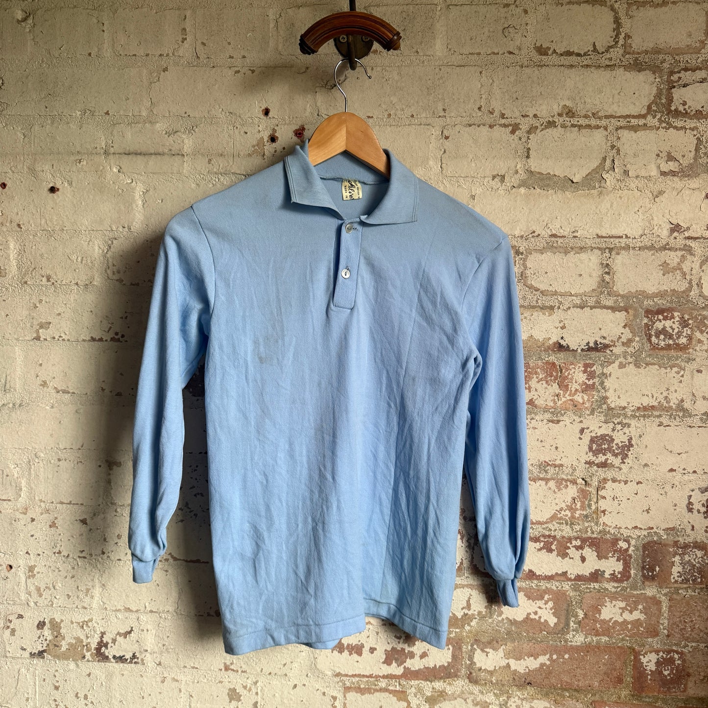 1970s Baby Blue Polyester Polo Shirt Top