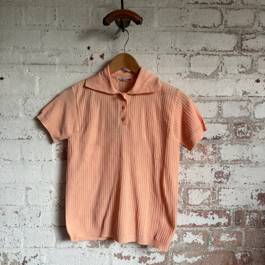 1970s Peach British Dead Stock Patterned Polo Shirt