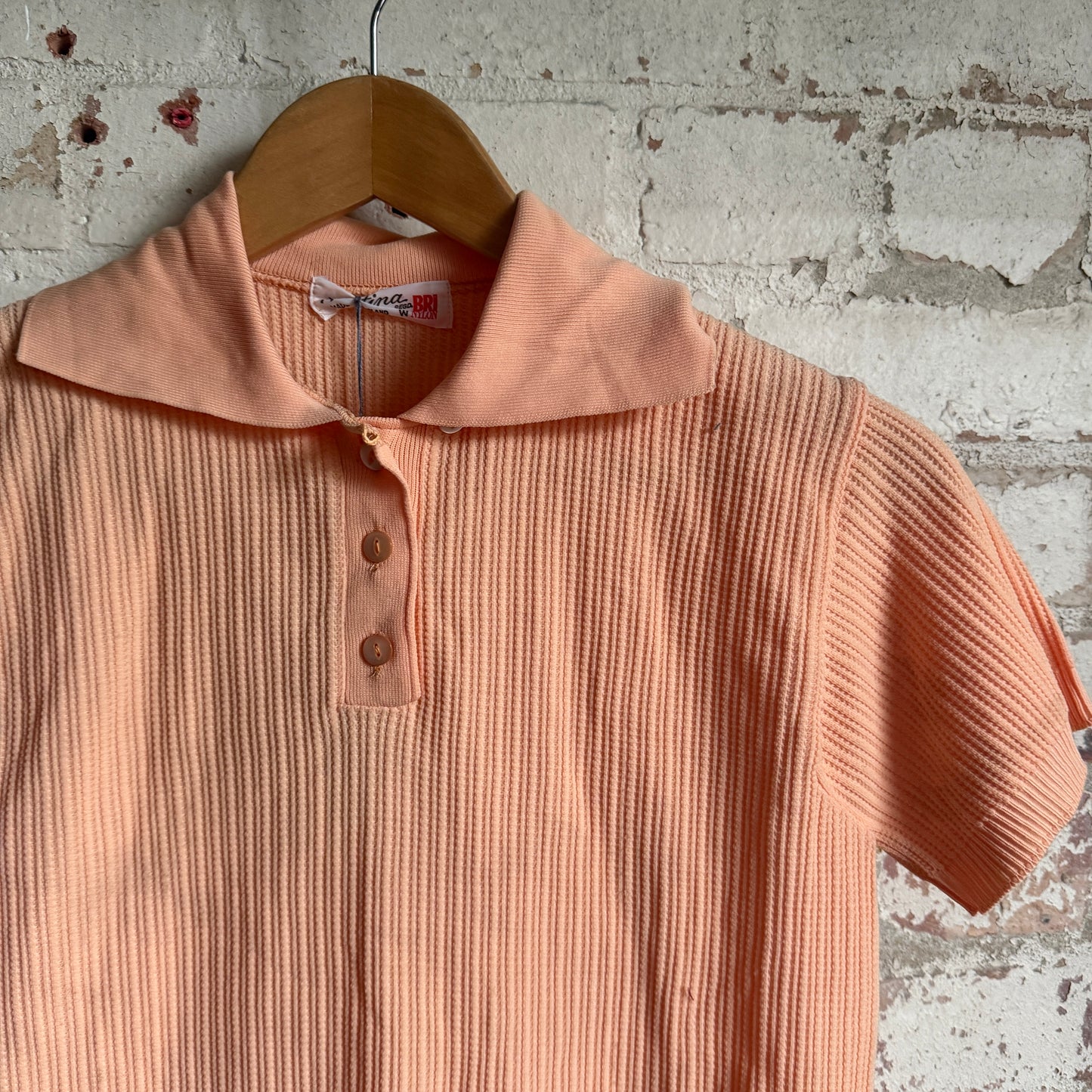 1970s Peach British Dead Stock Patterned Polo Shirt