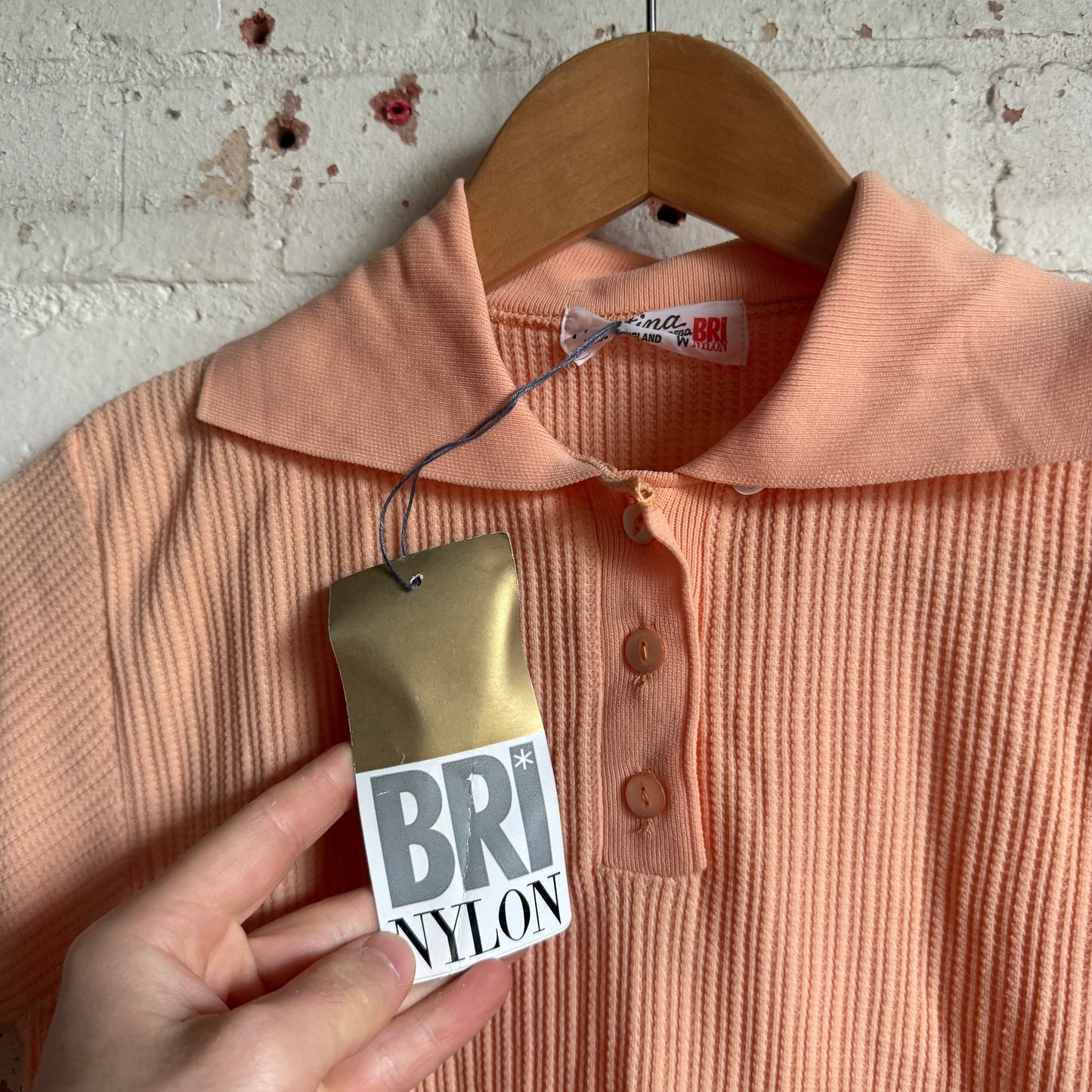 1970s Peach British Dead Stock Patterned Polo Shirt