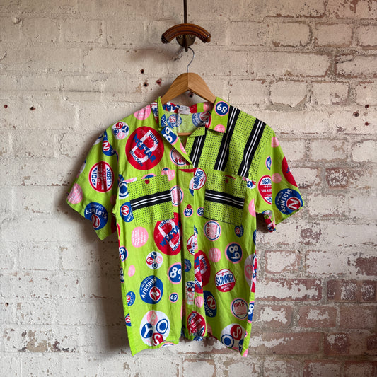 1980s Green Pop Art Graphic Short Sleeved Shirt