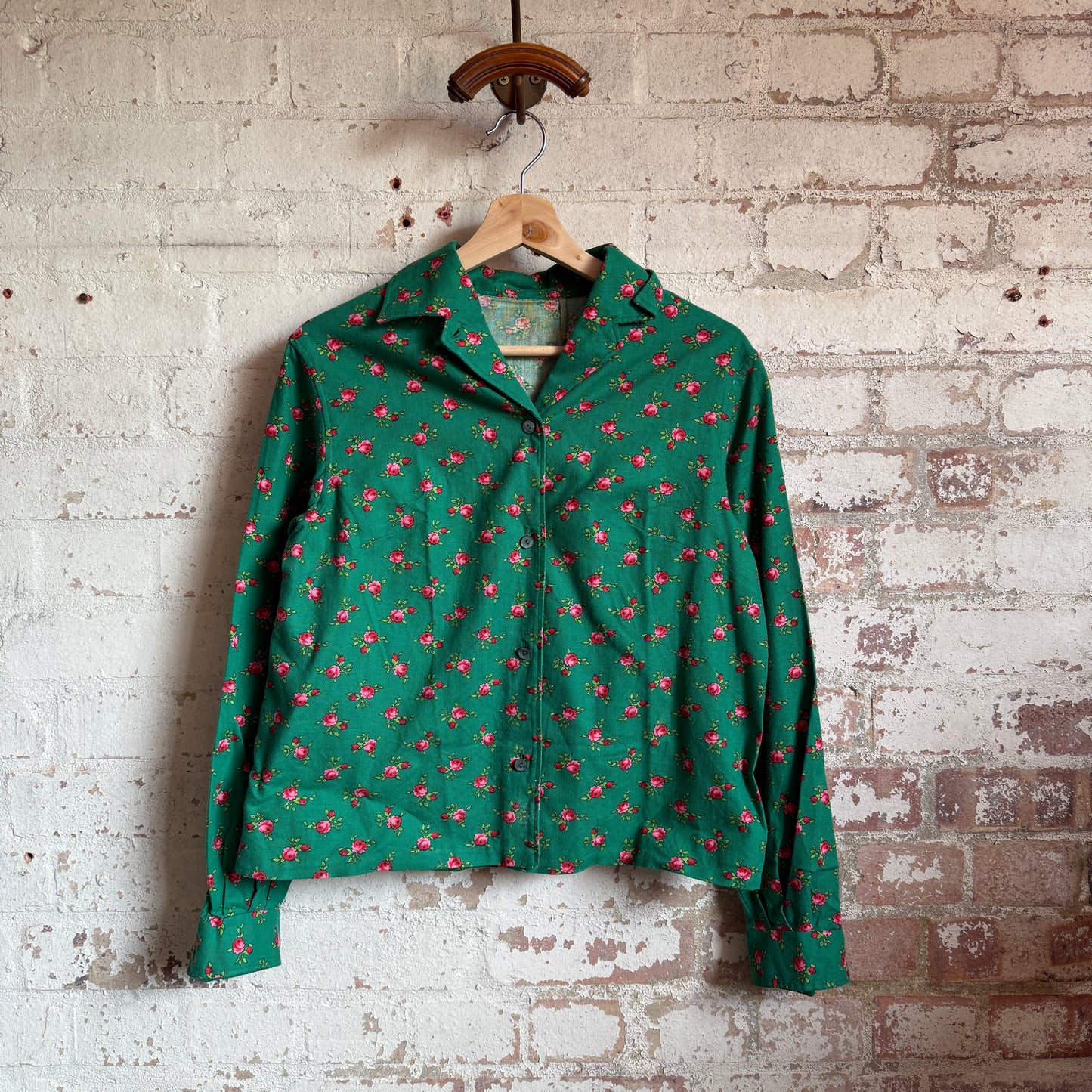 1970s Green Patterned Shirt Blouse