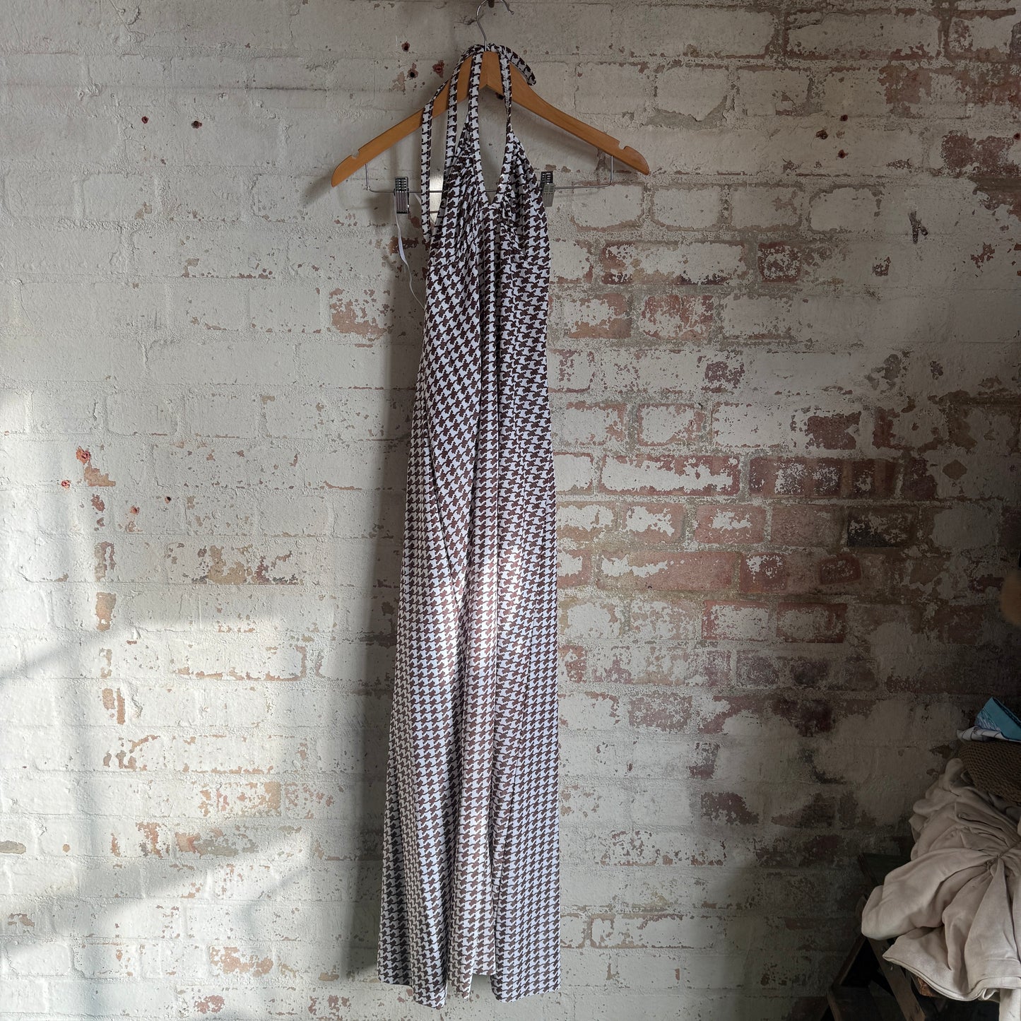 1970s Brown Houndstooth Checkered Halter Neck Dress