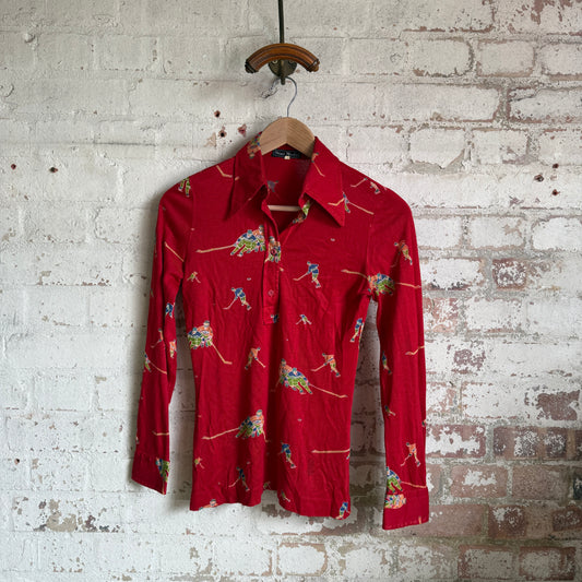 1970s Red Hockey Graphic Button Shirt