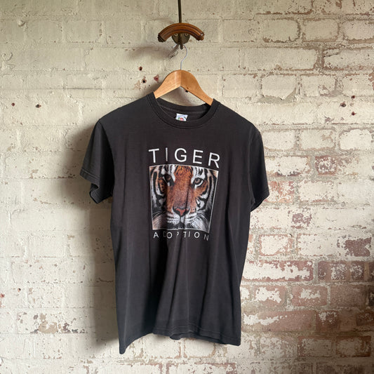 2000s Black Faded Tiger Adoption Graphic T-Shirt