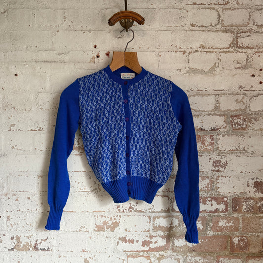 1960s Blue Checkered Wool Knitted Cardigan Jumper
