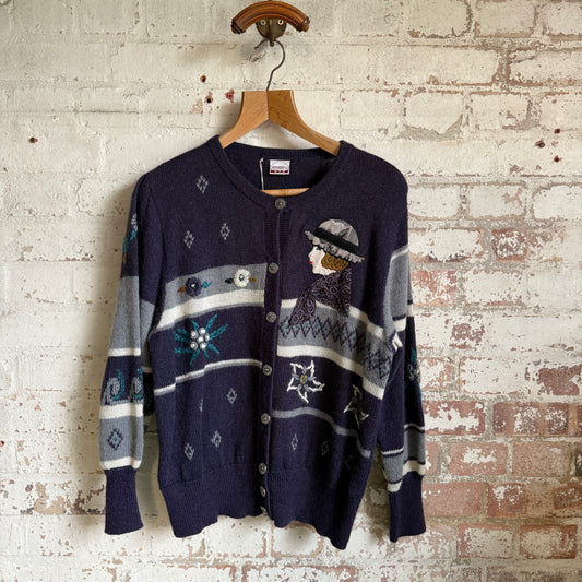 1980s Purple Knitted Patterned Cardigan Jumper