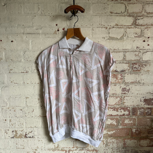 1980s Beige Zip Patterned Polo Shirt Top