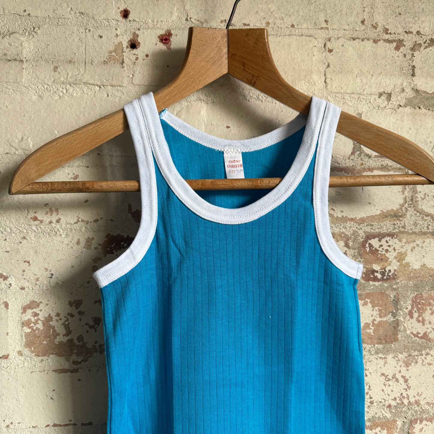 1970s Turquoise Blue Cotton Dead Stock Vest Top