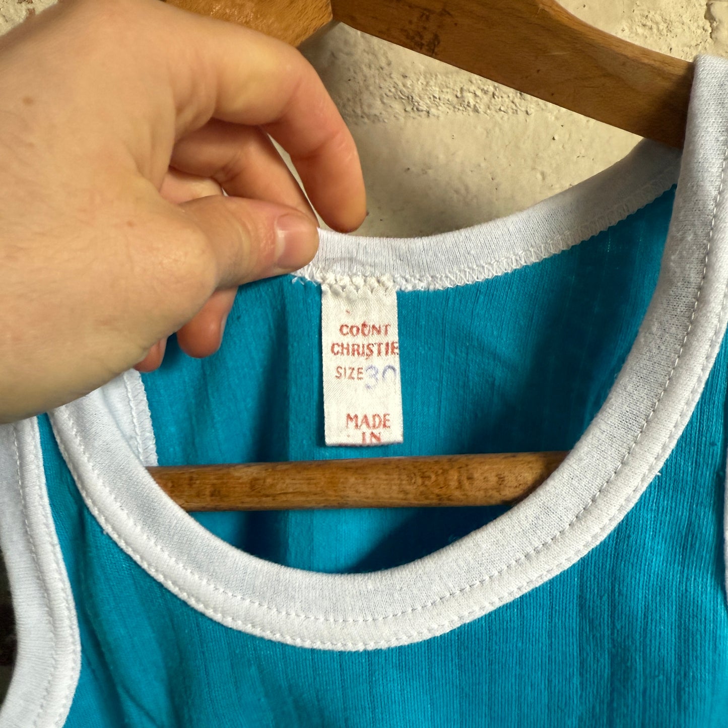 1970s Turquoise Blue Cotton Dead Stock Vest Top