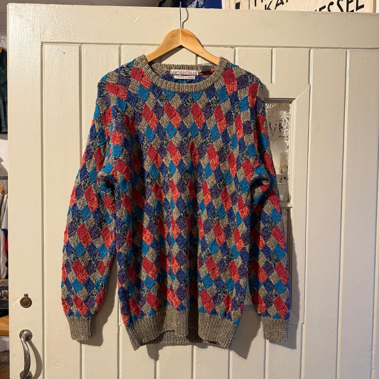 1980s Multicoloured Hand Knitted Checkered Jumper