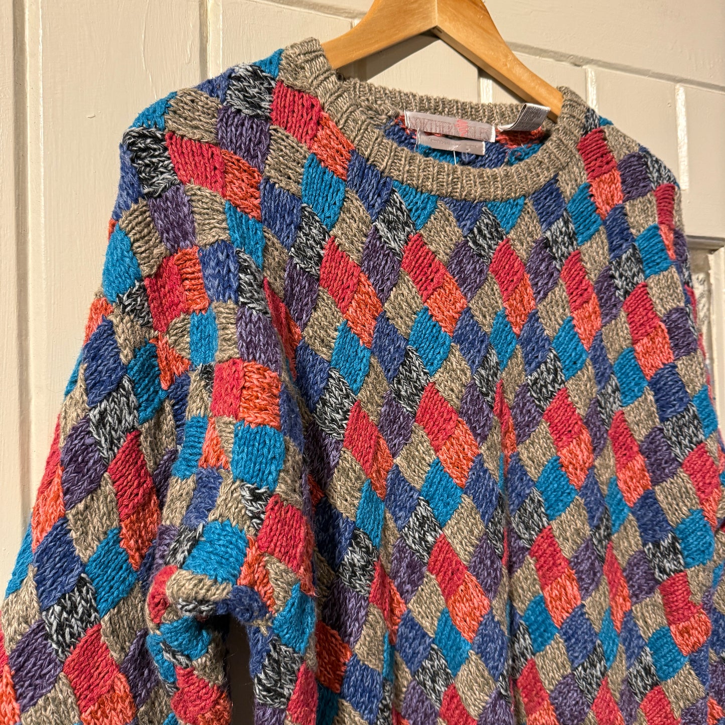 1980s Multicoloured Hand Knitted Checkered Jumper