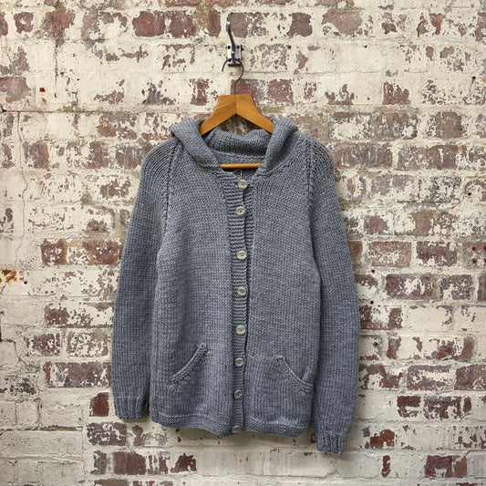 1980s Grey Knitted Button Up Hooded Jumper
