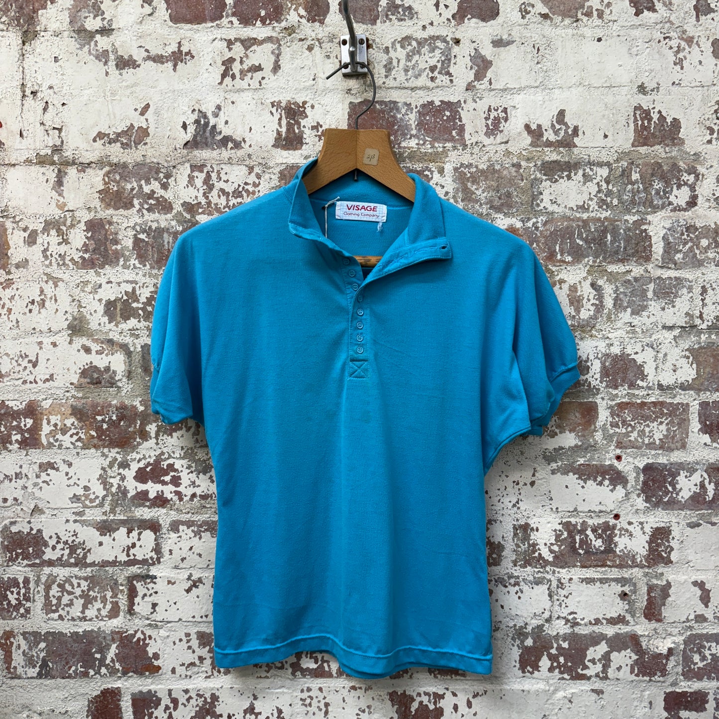 1970s Blue Unusual Button Polo Shirt Top