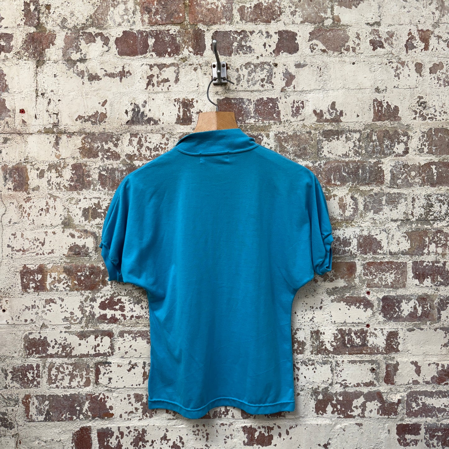 1970s Blue Unusual Button Polo Shirt Top